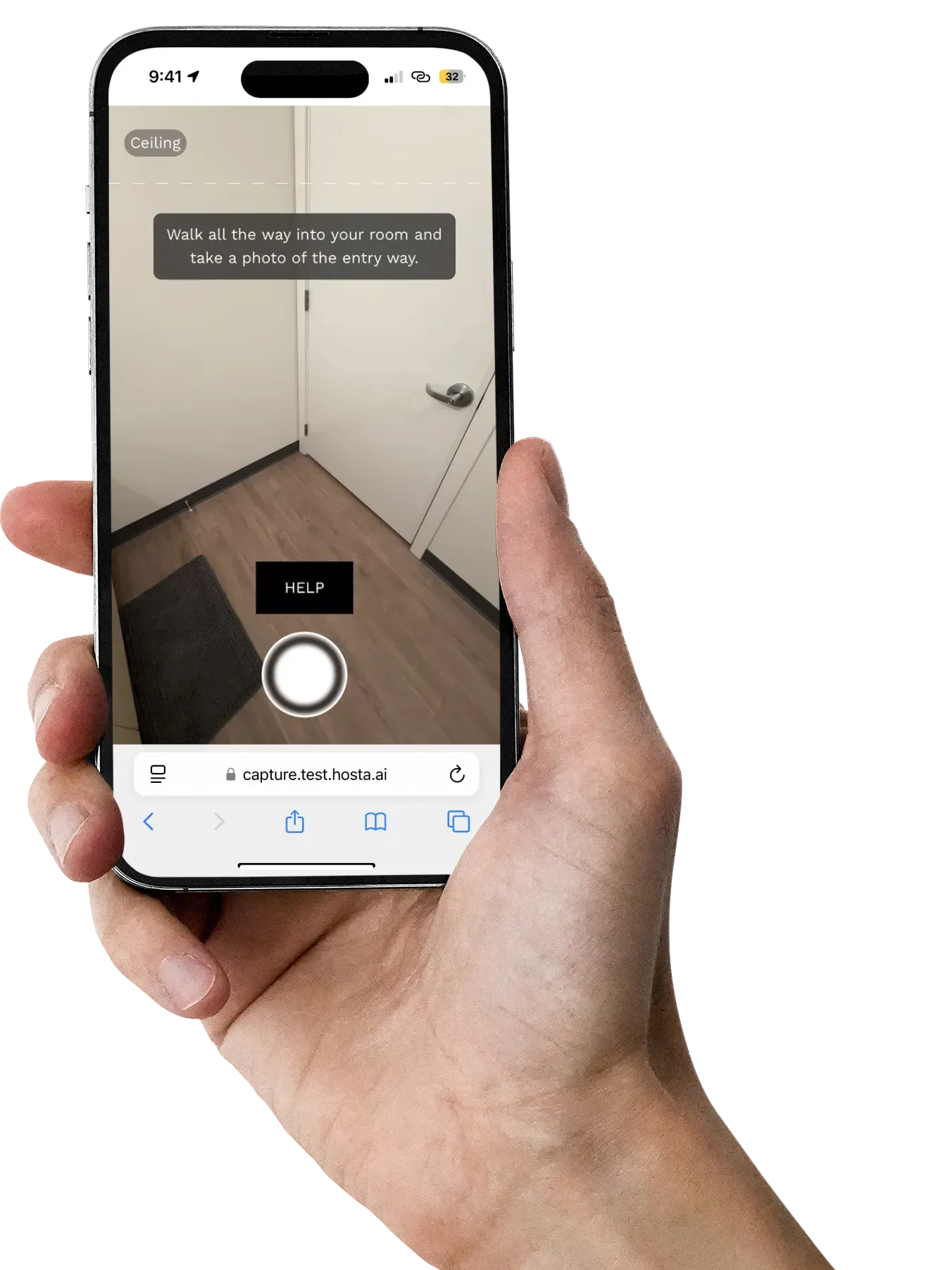 A hand holding a phone with the capture flow open