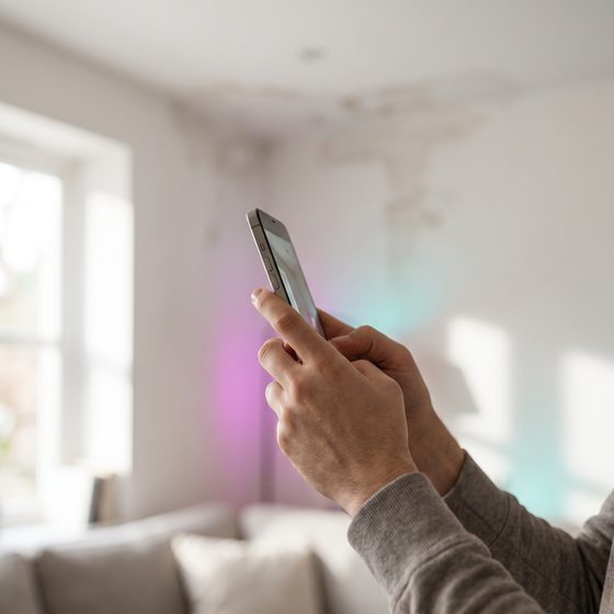 Policyholder photographing water damage on a phone