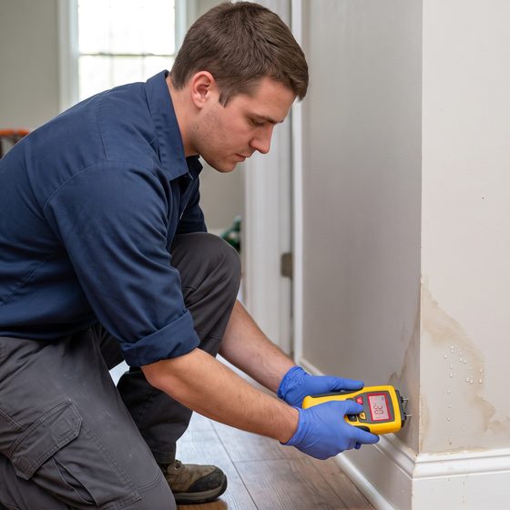 Mitigation technician checking a wall with a moisture meter