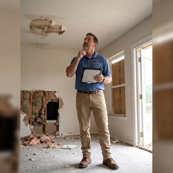 Field adjuster inspecting a damaged room with a tablet