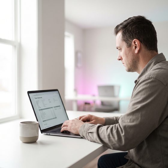 Desk adjuster reviewing an estimate on a laptop
